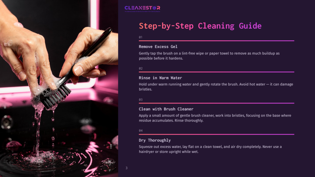 Close-Up Of Hands Cleaning A Black Brush Under Running Water With Soap Suds, Part Of A Step-By-Step Cleaning Guide.