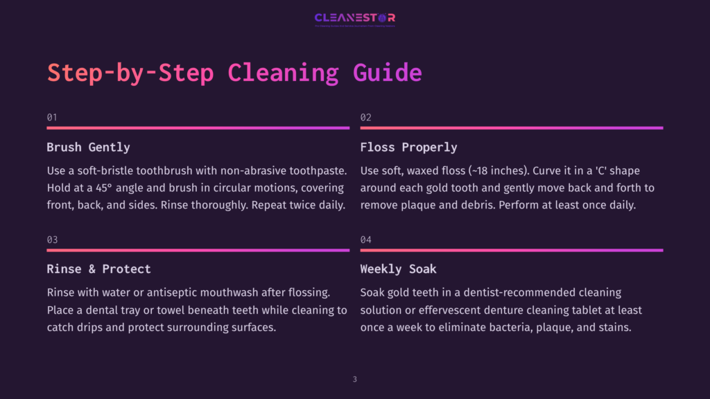 Cleanestor Step-By-Step Cleaning Guide With Text Detailing How To Brush And Floss Properly, And Rinse And Protect, And Weekly Soak For Dentures.