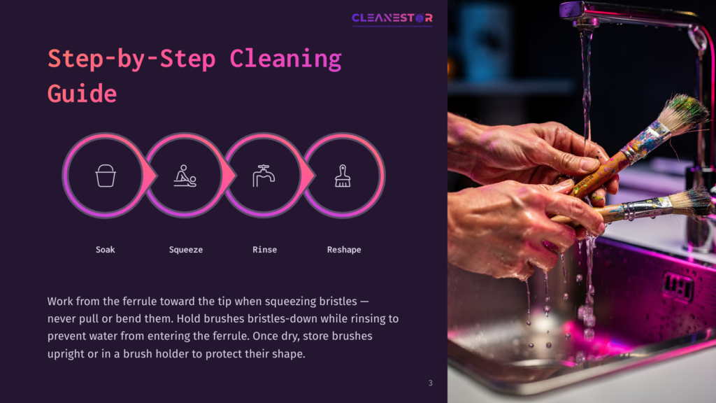 Step-By-Step Cleaning Guide With Icons: Squeeze, Rinse, Reshape. Hands Washing Paint Brushes Under Running Water.