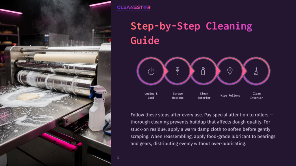 A Step-By-Step Cleaning Guide Graphic Displaying A Dough Roller Machine With Instructions On Cleaning Rollers, Scraping Residue, Cleaning Exterior, Wiping Rollers, And Cleaning Interior.