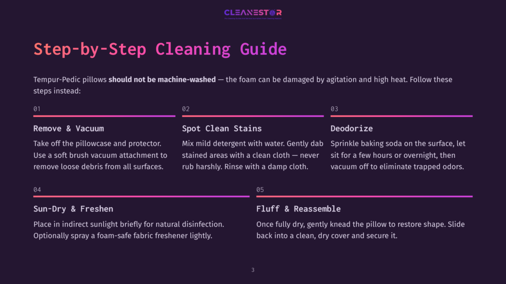 3 Step By Step Cleaning Guide 4 Cleanestor Step-By-Step Guide For Cleaning Tempur-Pedic Pillows: Remove &Amp; Vacuum, Spot Clean Stains, Deodorize, And Sun-Dry &Amp; Freshen.