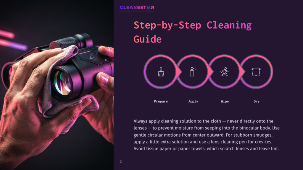 Close-Up Of Hands Gently Cleaning A Binocular Lens With A Soft Cloth, Featuring A Step-By-Step Cleaning Guide Graphic With Icons For Prepare, Apply, Wipe, And Dry.