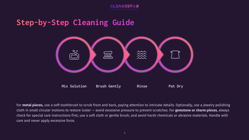 Step-By-Step Jewelry Cleaning Guide With Icons For Mixing Solution, Brushing, Rinsing, And Patting Dry. Text Includes &Quot;Step-By-Step Cleaning Guide,&Quot; &Quot;Mix Solution,&Quot; &Quot;Brush Gently,&Quot; &Quot;Rinse,&Quot; And &Quot;Pat Dry.