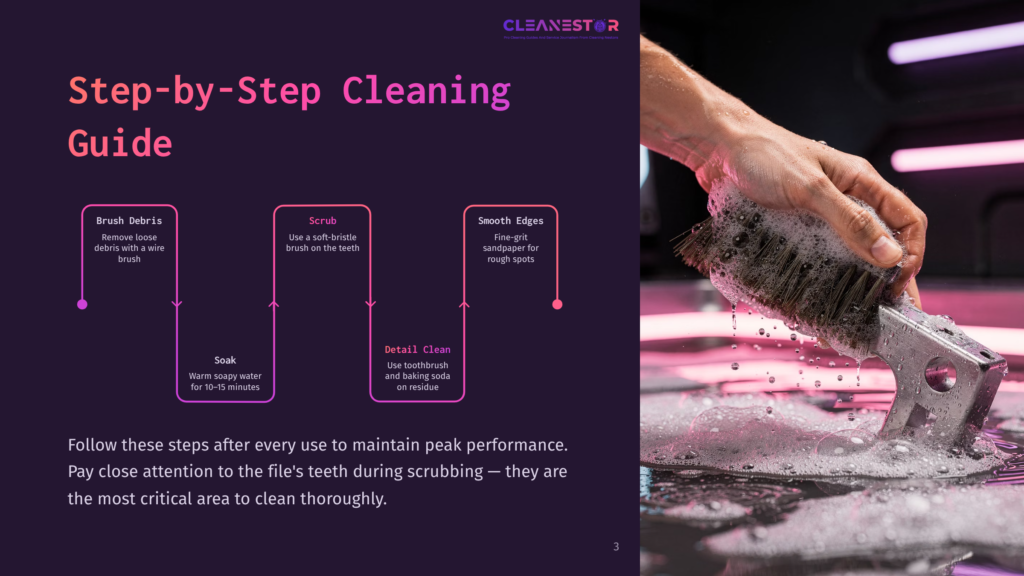 A Hand With A Cleaning Brush Covered In Soap Suds Scrubs A Metal Object, With A Graphic Overlay Detailing A &Quot;Step-By-Step Cleaning Guide&Quot; For Brush Maintenance.