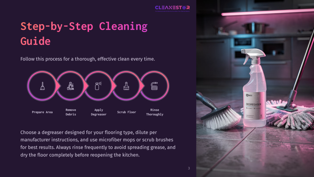 3 Step By Step Cleaning Guide 47 Step-By-Step Cleaning Guide With Icons For Preparing, Removing Debris, Applying Degreaser, Scrubbing, And Rinsing Floors. A Bottle Of Degreaser And Cleaning Tools Are On The Right.