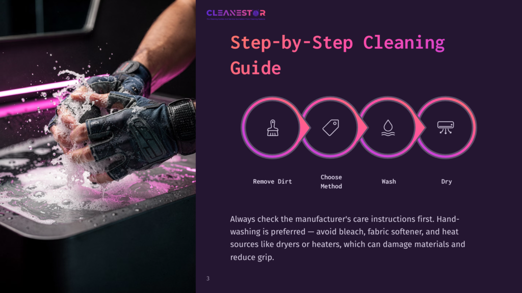 Close-Up Of Hands Wearing Black Gloves Vigorously Hand-Washing Clothes In A Sink Filled With Foamy Pink Suds And Water, With Bright Pink Led Lights Reflecting On The Surface. Text Overlay: &Quot;Cleanestor&Quot;, &Quot;Step-By-Step Cleaning Guide&Quot;, &Quot;Remove Dirt&Quot;, &Quot;Choose Method&Quot;, &Quot;Wash&Quot;, &Quot;Dry&Quot;.