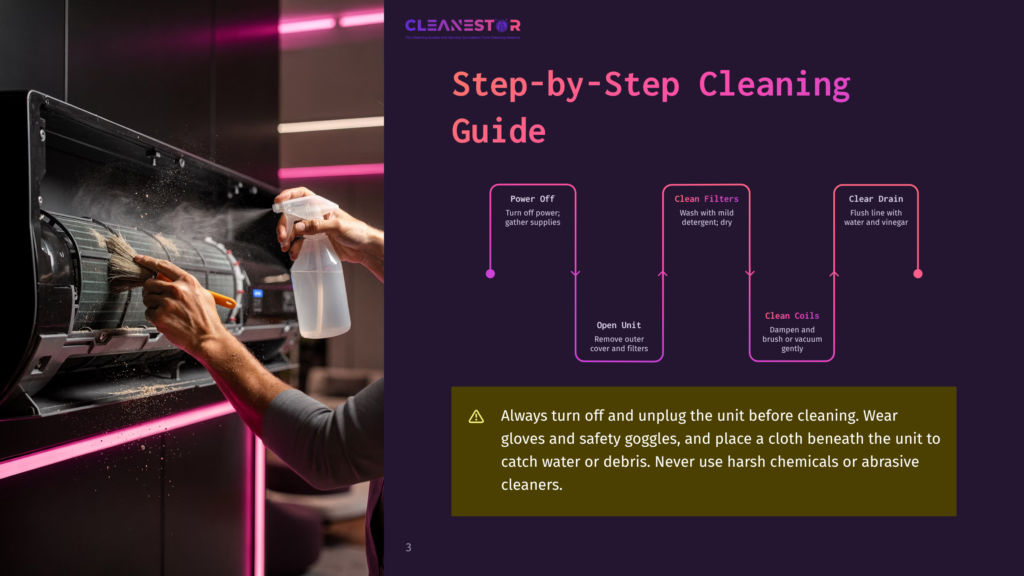 3 Step By Step Cleaning Guide 5 Step-By-Step Guide To Cleaning An Air Conditioner, Featuring A Person Spraying The Unit'S Filter With A Cleaning Solution, With Text Overlays For &Quot;Power Off,&Quot; &Quot;Clean Filters,&Quot; And &Quot;Clear Drain.