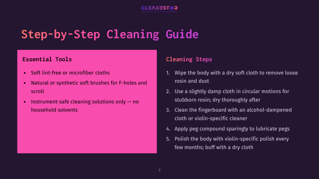 3 Step By Step Cleaning Guide 52 A Dark Purple Slide Titled &Quot;Step-By-Step Cleaning Guide&Quot; For A Cleanestor Cleaning Product. It Lists Essential Tools And Cleaning Steps For A Violin.