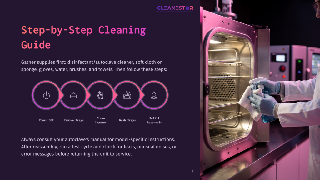 A Person In Blue Gloves Cleans The Inside Of A Cleanestor Autoclave, Following A Step-By-Step Cleaning Guide With Icons For Power Off, Remove Trays, Clean Chamber, Wash Trays, And Refill Reservoir.
