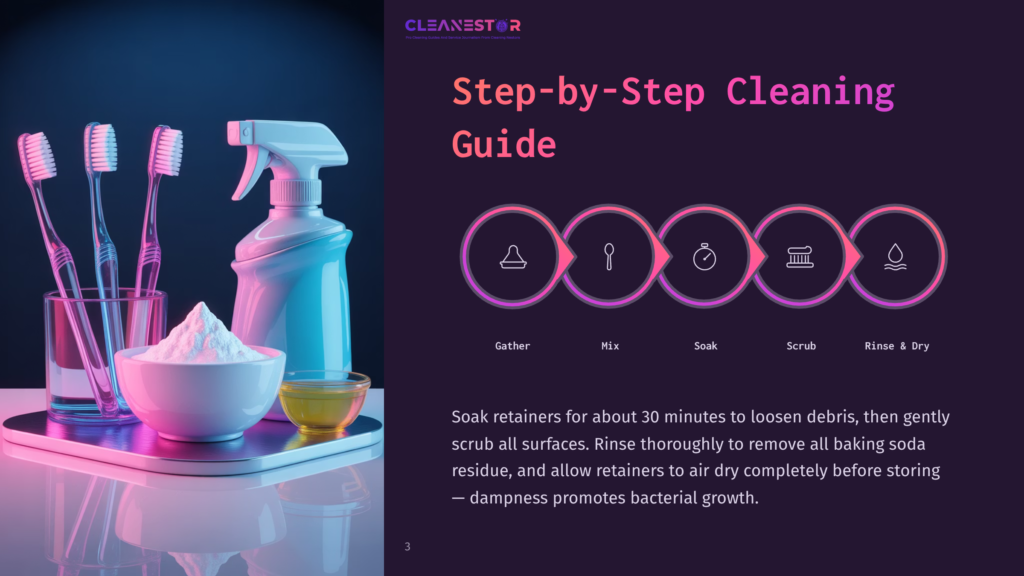 Step-By-Step Cleaning Guide Illustration With Toothbrushes, Baking Soda, And A Spray Bottle, Alongside A Circular Graphic Showing Icons For Gather, Mix, Soak, Scrub, And Rinse &Amp; Dry.
