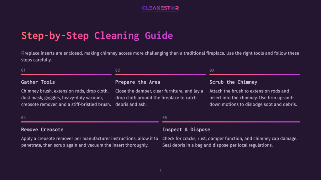 Step-By-Step Cleaning Guide For Fireplace Inserts: Gather Tools, Prepare The Area, Scrub The Chimney, Remove Creosote, Inspect &Amp; Dispose. Text On A Dark Purple Background.