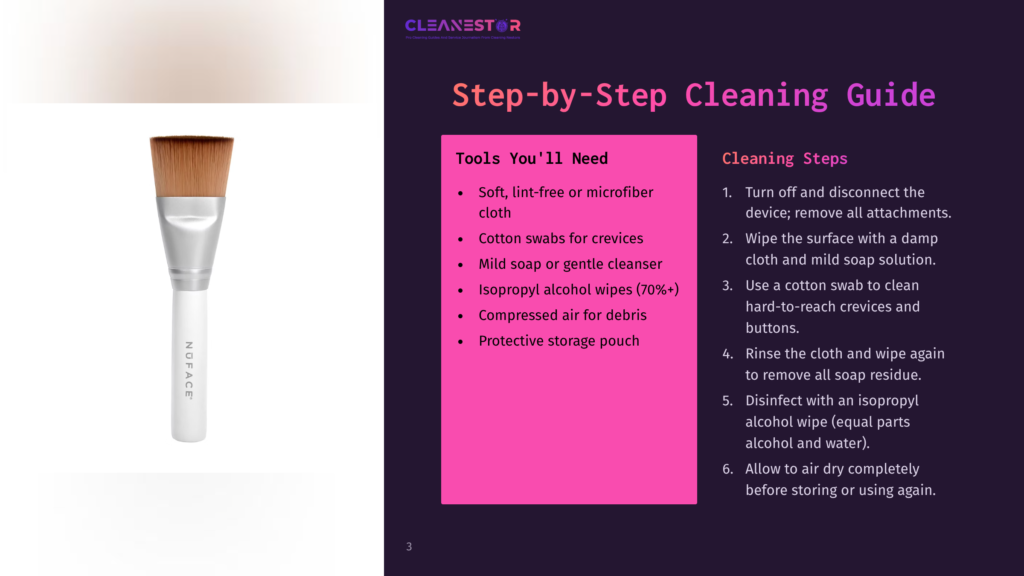 3 Step By Step Cleaning Guide 71 Step-By-Step Cleaning Guide For A Makeup Brush, Featuring A White And Silver Brush With A &Quot;No Face&Quot; Logo And Text Detailing Cleaning Steps And Tools.