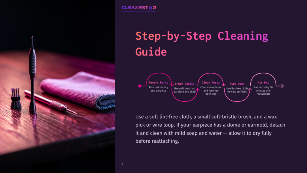 Step-By-Step Cleaning Guide For Cleanestor Products, Showing Cleaning Tools Like A Brush And Cloth Next To A Battery And Earpiece.