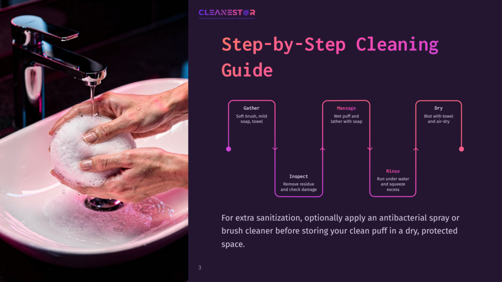 An Infographic Illustrates A Step-By-Step Cleaning Guide. A Hand Washes A Soft, White Brush Under Running Water. It Highlights Steps: Gather, Massage, Inspect, And Rinse, With Additional Text For Extra Sanitization.