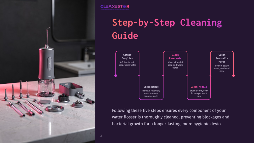 Cleanestor Step-By-Step Cleaning Guide&Quot; Graphic With Icons Representing Gathering Supplies, Cleaning The Reservoir, And Cleaning Removable Parts, With A Water Flosser And Its Accessories Displayed On The Left.