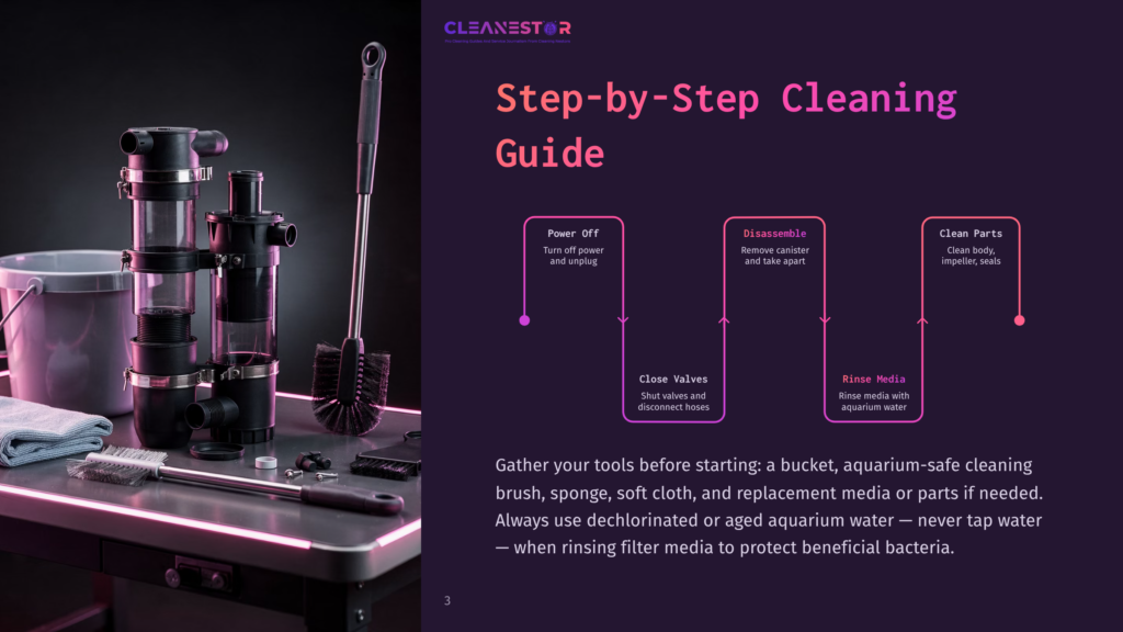 Step-By-Step Cleaning Guide For Aquarium Equipment On A Table, Featuring A Cleaning Brush, Sponge, Soft Cloth, And Replacement Media.