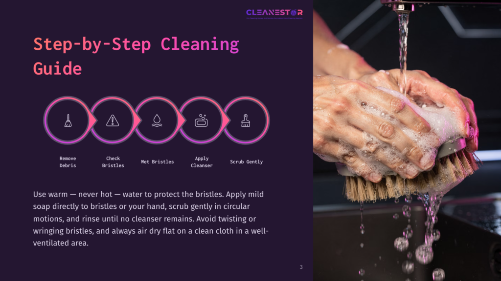 Step-By-Step Cleaning Guide With Icons For Removing Debris, Checking Bristles, And Applying Cleanser, Next To A Close-Up Of Hands Washing A Cleaning Brush Under Running, Soapy Water.