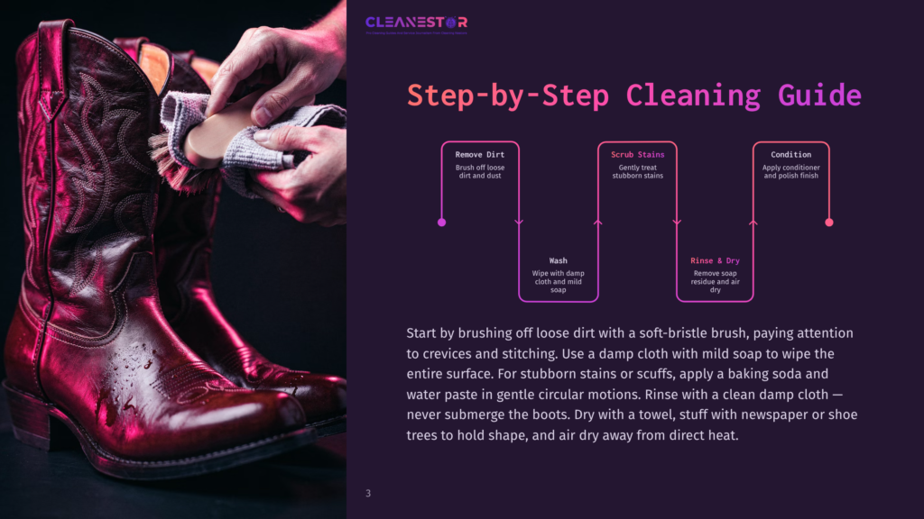 Step-By-Step Guide To Cleaning Cowboy Boots, Featuring A Close-Up Of A Person Cleaning A Shiny, Dark Red Leather Cowboy Boot With A Brush And Cloth.