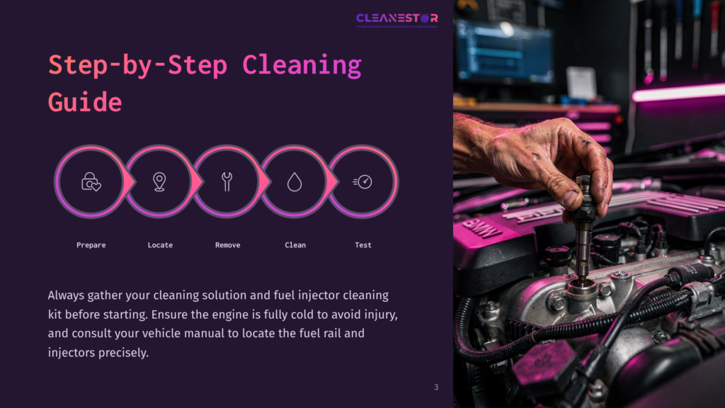 3 Step By Step Cleaning Guide 92 Step-By-Step Guide To Cleaning Fuel Injectors, Featuring Icons For Prepare, Locate, Remove, Clean, And Test, With A Mechanic'S Hands Working On A Car Engine In The Background.