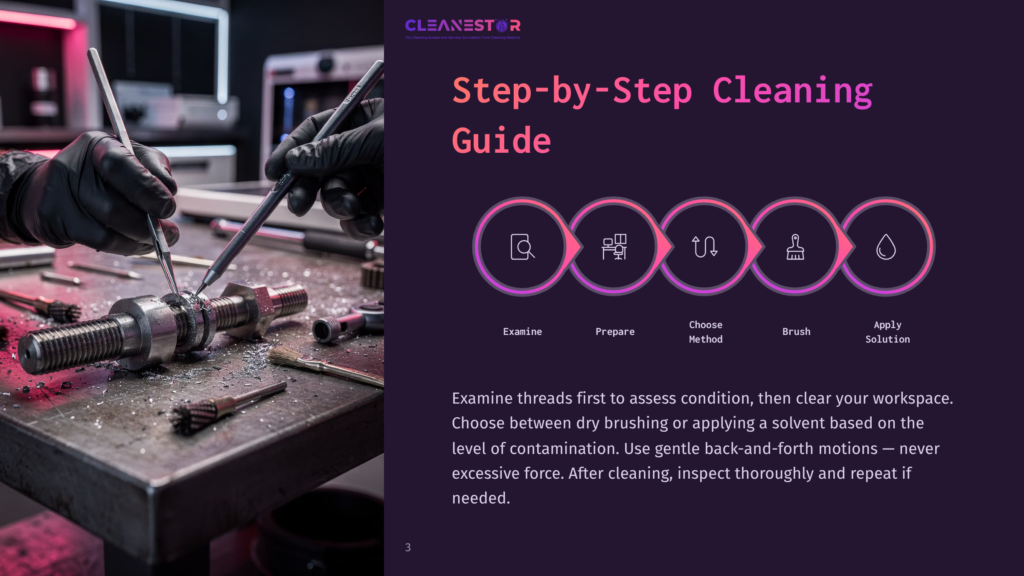 Close-Up Of Gloved Hands Cleaning Metal Threads With A Brush, With A Step-By-Step Cleaning Guide Overlayed On The Right. The Guide Features Icons For Examine, Prepare, Choose Method, Brush, And Apply Solution.