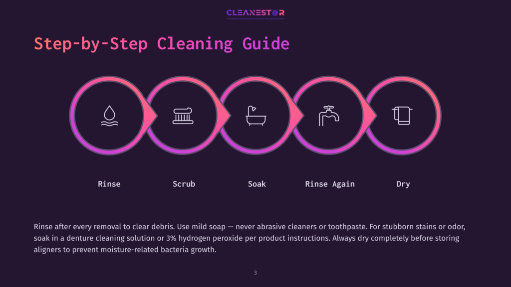 3 Step By Step Cleaning Guide 97 Step-By-Step Cleaning Guide For Aligners: Rinse, Scrub, Soak, Rinse Again, Dry. Cleanestor Logo At The Top.