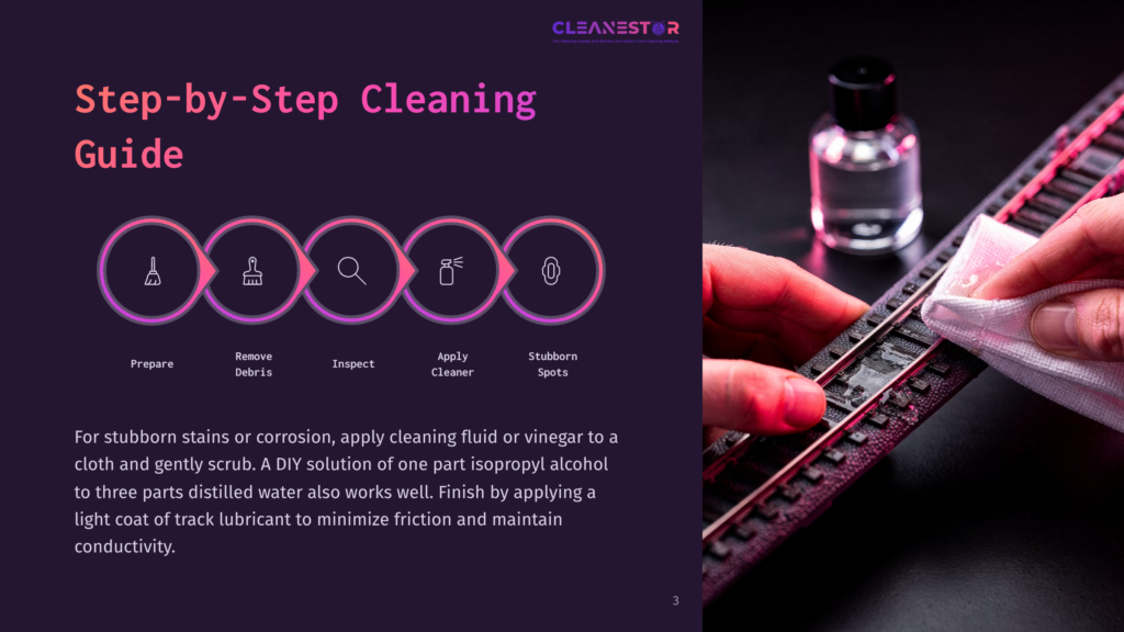 A Close-Up Of A Hand Using A White Cloth To Clean A Metal Track, With Cleaning Fluid And A Bottle Of Solution Nearby. The Text On The Page Reads &Quot;Step-By-Step Cleaning Guide&Quot; With Icons And Instructions.