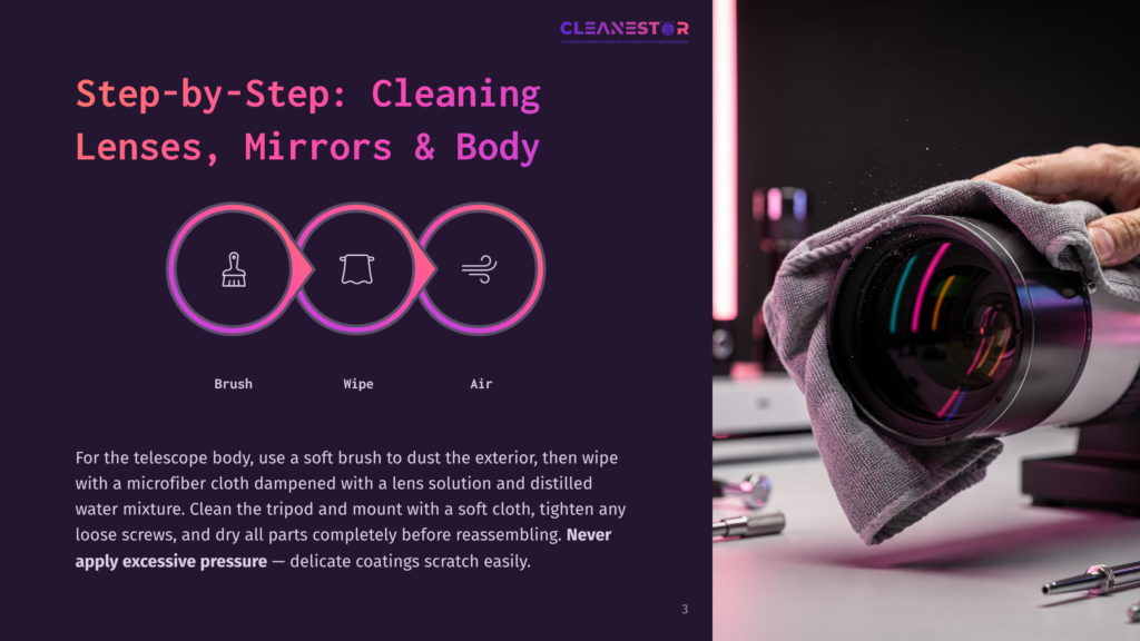 Step-By-Step Guide On Cleaning Telescope Lenses And Mirrors, Featuring Icons For Brushing, Wiping, And Air Dusting, With A Close-Up Of A Camera Lens Being Cleaned With A Microfiber Cloth.