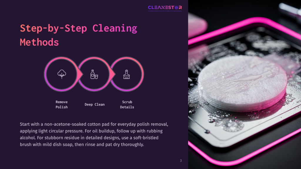3 Step By Step Cleaning Methods 1 Step-By-Step Cleaning Methods Graphic: Remove, Polish, Deep Clean, Scrub Details. Close-Up Of A Cotton Pad On A Circuit Board.