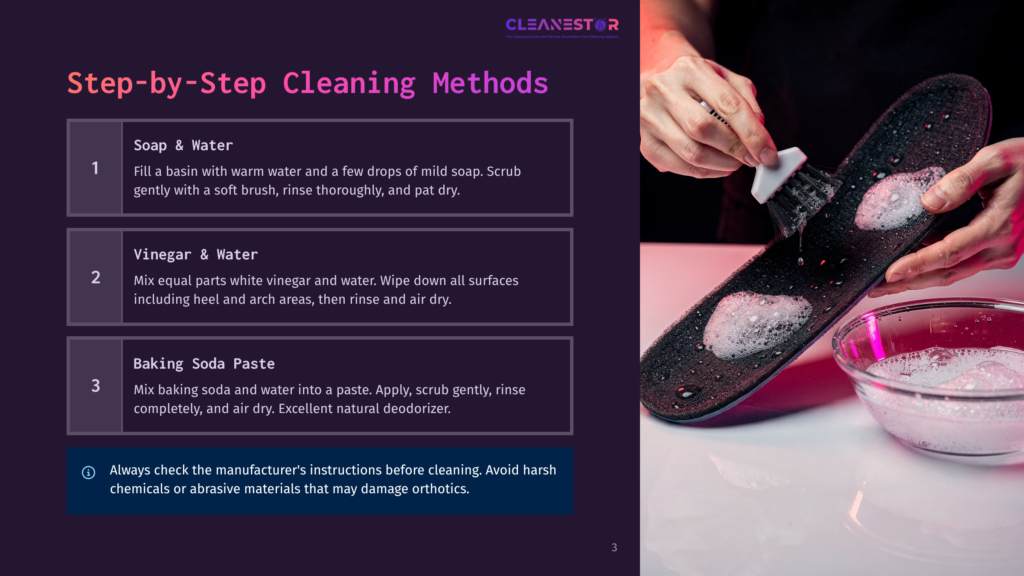 A Person Using A White Brush To Clean An Orthopedic Shoe, With A Bowl Of Soapy Water Beside Them. A Step-By-Step Cleaning Guide Is Shown In The Background.