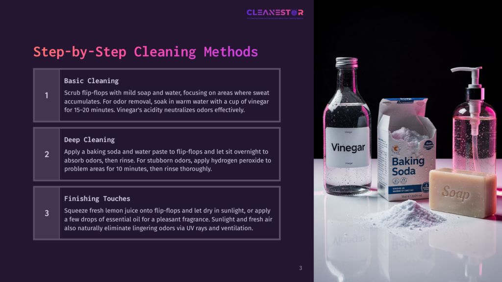 3 Step By Step Cleaning Methods 2 A Step-By-Step Guide To Cleaning Flip-Flops, Featuring Bottles Of Vinegar And Baking Soda, And A Bar Of Soap On A Reflective Surface.