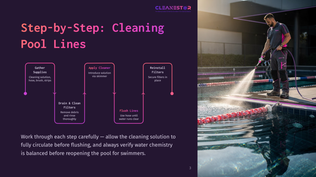 Step-By-Step Guide To Cleaning Pool Lines: Gather Supplies, Apply Cleaner, Drain And Clean Filters, Reinstall Filters, And Flush Filters. Text Emphasizes Thorough Cleaning Before Reopening.