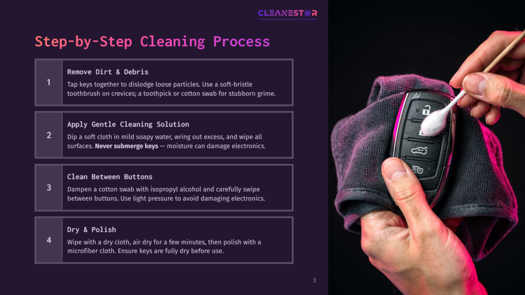 3 Step By Step Cleaning Process 1 Close-Up Of Hands Cleaning A Car Key Fob With A Cotton Swab And Microfiber Cloth. The Key Fob Has Several Buttons And A Metal Emergency Key. The Cleaning Process Is Part Of A Step-By-Step Guide.