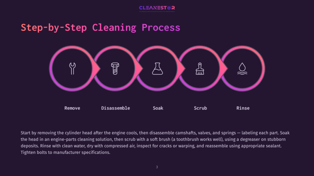 Step-By-Step Engine Cylinder Head Cleaning Process Infographic With Icons For Remove, Disassemble, Soak, Scrub, And Rinse.