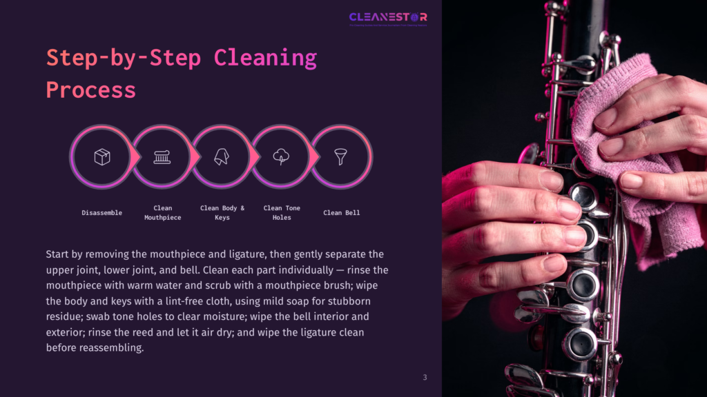 3 Step By Step Cleaning Process 14 Close-Up Of Hands Cleaning A Clarinet. A Pink Cloth Wipes Down The Keys Of A Wooden Clarinet, With A Dark Background. The Image Illustrates A Step-By-Step Cleaning Process For Musical Instruments.