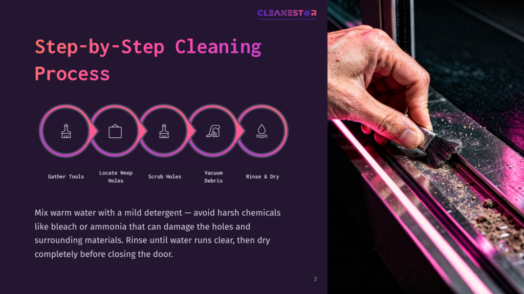 3 Step By Step Cleaning Process 15 Step-By-Step Cleaning Process Graphic With Icons For Gathering Tools, Locating Weep Holes, Scrubbing Holes, Vacuuming Debris, And Rinsing. Text Explains How To Clean Weep Holes With Mild Detergent And Water.