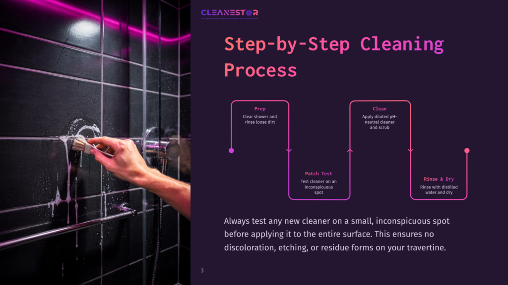 A Person'S Hand With A Brush Cleans A Black Tiled Shower Wall, With A Graphic Showing A Step-By-Step Cleaning Process For &Quot;Cleanestor&Quot; Products.