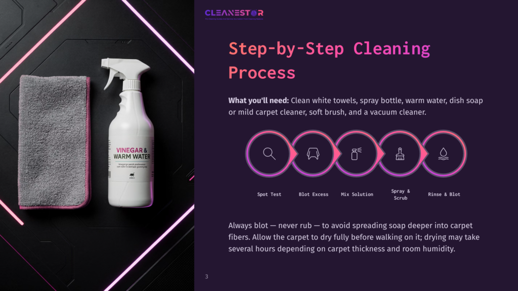 3 Step By Step Cleaning Process 18 Vinegar And Warm Water Cleaning Spray Bottle And Gray Microfiber Cloth On A Dark, Textured Surface With Pink Neon Accents. Text Reads &Quot;Vinegar &Amp; Warm Water.
