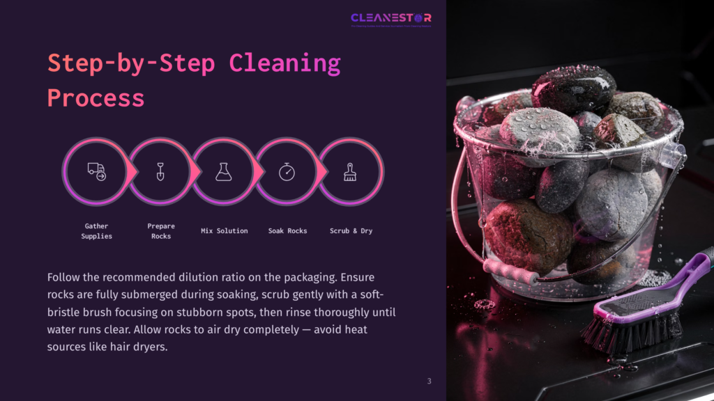 Step-By-Step Cleaning Process For Rocks, Featuring A Bucket Of Wet, Colorful Stones And A Cleaning Brush. The Graphic Shows Icons For Gathering Supplies, Preparing Rocks, Mixing Solution, Soaking Rocks, And Scrubbing.