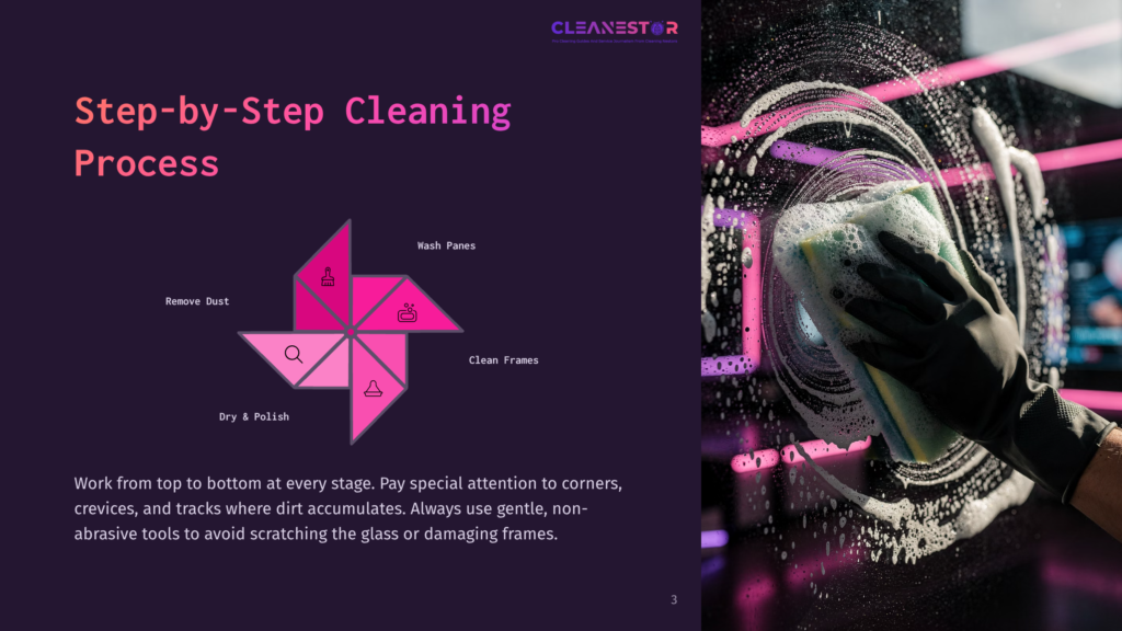 Close-Up Of Gloved Hands Cleaning A Glass Surface With Pink Suds And A Green Sponge, Showing A Step-By-Step Cleaning Process Graphic With Text: &Quot;Cleanestor&Quot;, &Quot;Step-By-Step Cleaning Process&Quot;, &Quot;Remove Dust&Quot;, &Quot;Wash Panes&Quot;, &Quot;Dry &Amp; Polish&Quot;, &Quot;Clean Frames&Quot;.