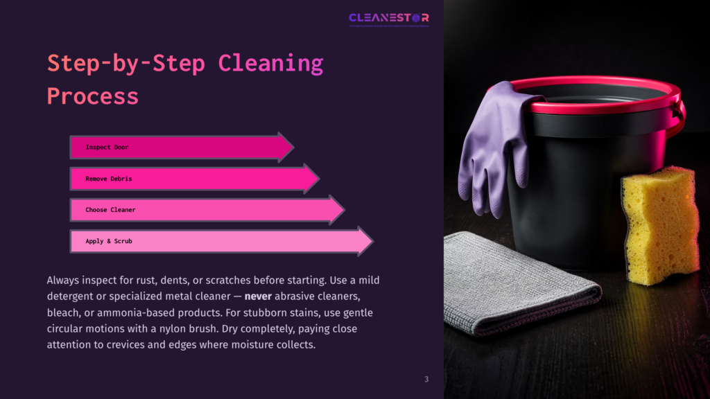Step-By-Step Cleaning Process Graphic With Pink Arrows And Text: Inspect Door, Remove Debris, Choose Cleaner, Apply &Amp; Scrub. A Cleaning Bucket, Purple Glove, And Yellow Sponge Are On The Right.