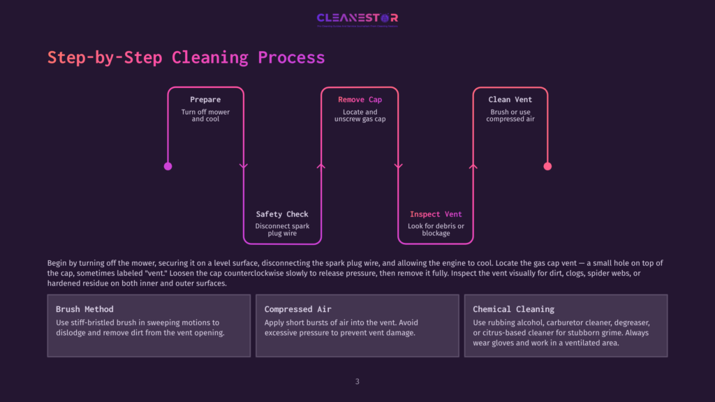 Step-By-Step Cleaning Process Infographic For A Lawn Mower, With Steps To Prepare, Remove The Cap, Clean The Vent, Safety Check, Inspect The Vent, And Use Chemical Cleaning.