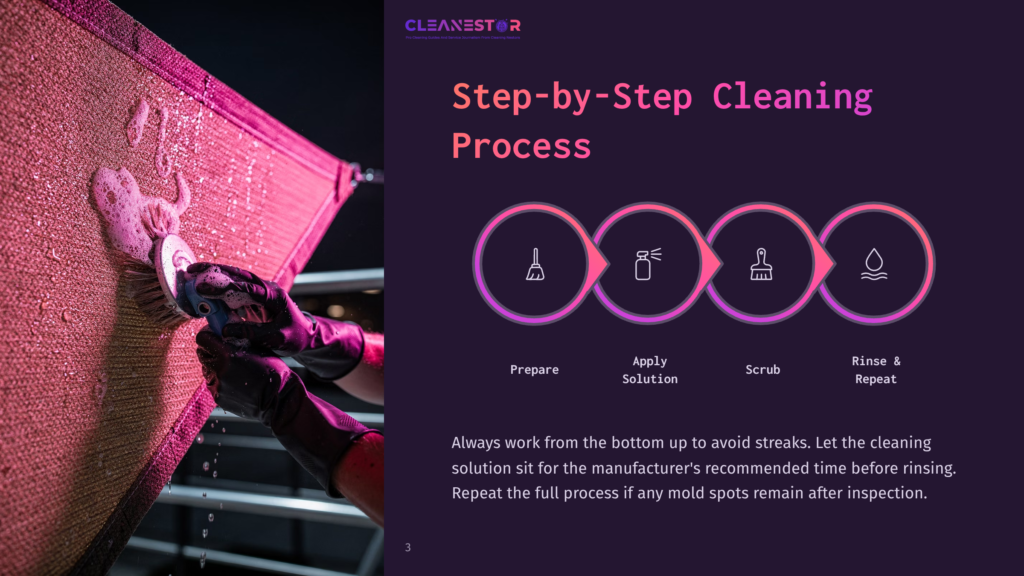 Step-By-Step Cleaning Process For A Rug, Showing Preparation, Applying Solution, Scrubbing With A Brush, And Rinsing. Text On The Right Details The Cleaning Steps.