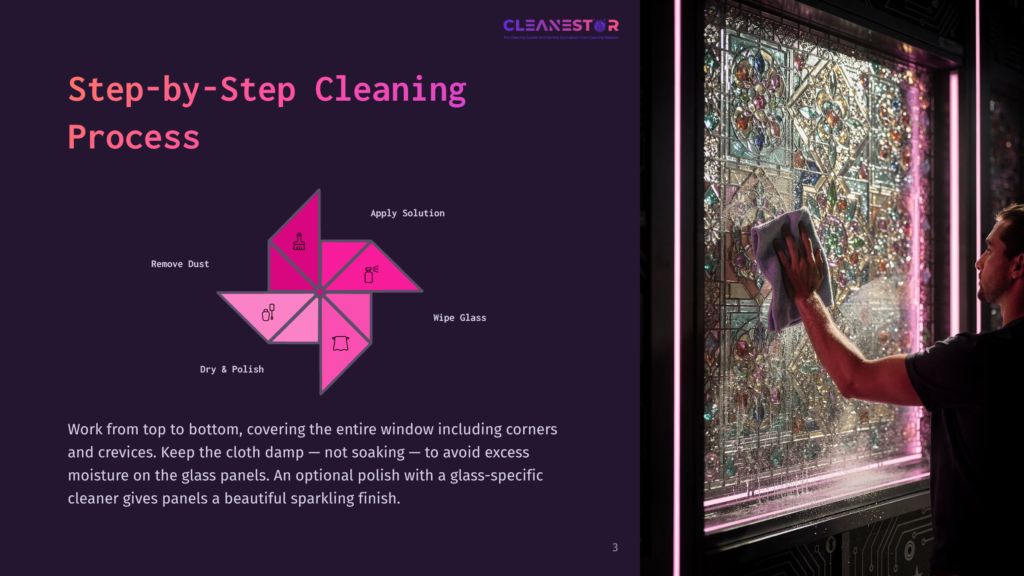 A Man Cleans A Stained Glass Window With A Cloth, Part Of A Step-By-Step Cleaning Process Illustrated With A Diagram Showing Steps Like &Quot;Remove Dust,&Quot; &Quot;Apply Solution,&Quot; And &Quot;Dry &Amp; Polish.