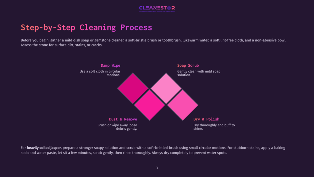 Step-By-Step Cleaning Process For Gemstones: Damp Wipe, Soap Scrub, Dust &Amp; Remove, Dry &Amp; Polish. Includes Instructions For Heavily Soiled Jasper.
