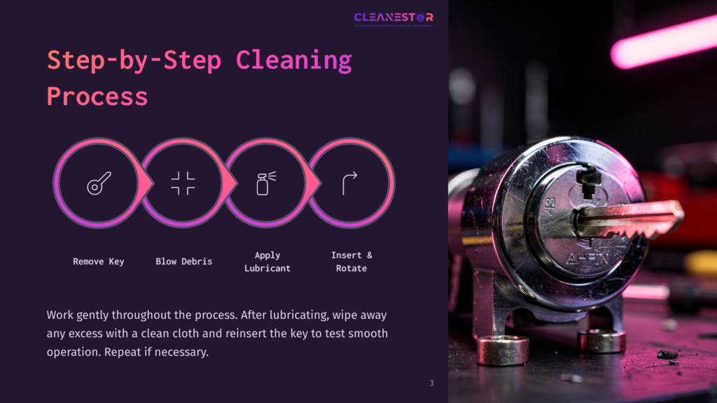 A Step-By-Step Cleaning Process Infographic With A Lock And Key Model. The Steps Include Removing The Key, Blowing Debris, Applying Lubricant, And Inserting And Rotating The Key. The Background Is Dark With Neon Lighting, Emphasizing The Model.
