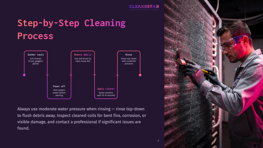 A Man Wearing Safety Glasses And Gloves Sprays A Cleaning Solution Onto A Dirty Air Conditioner Coil As Part Of A Step-By-Step Cleaning Process.