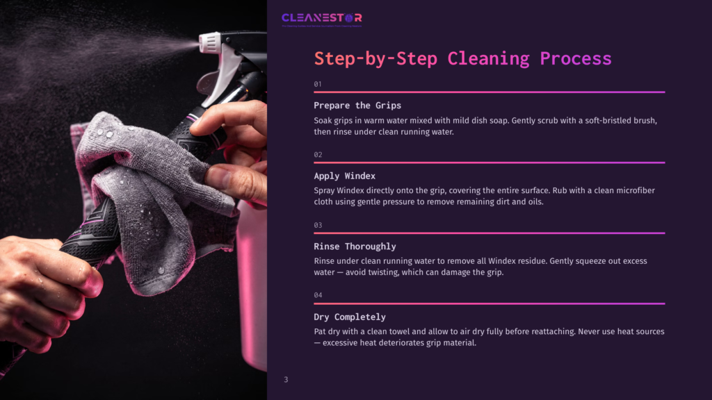 A Person'S Hands Spray A Cleaning Solution Onto A Golf Club Grip, With A Cleaning Cloth And Spray Bottle Visible. Text On The Right Details A &Quot;Step-By-Step Cleaning Process&Quot; For Golf Grips.