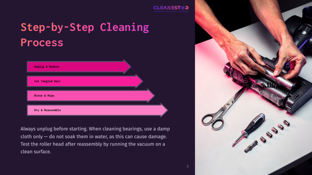 A Step-By-Step Cleaning Process For A Vacuum Cleaner Is Shown, With Text Boxes Detailing &Quot;Unplug &Amp; Remove&Quot;, &Quot;Cut Tangled Hair&Quot;, &Quot;Rinse &Amp; Wipe&Quot;, And &Quot;Dry &Amp; Reassemble&Quot;. Hands Are Shown Disassembling The Vacuum Cleaner With Tools.