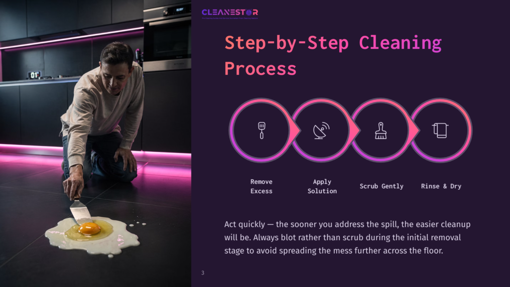 Man Cleaning A Broken Egg On A Dark Floor With A Spatula, With A Step-By-Step Cleaning Process Graphic Showing Icons For Remove, Apply, Scrub, And Rinse.
