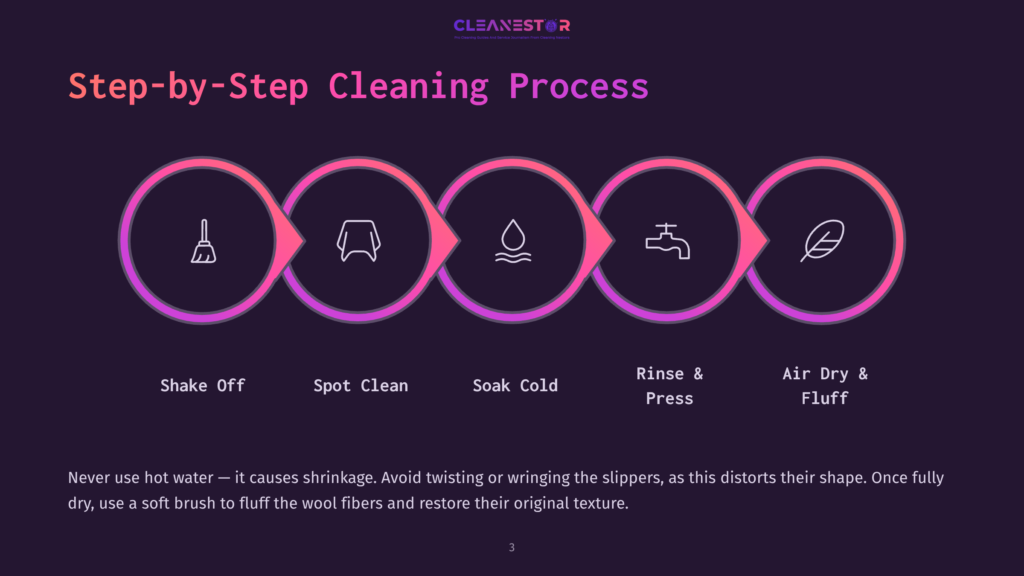 A Step-By-Step Cleaning Process Infographic Featuring Four Circular Icons With Cleaning-Related Symbols: A Broom, A Cloth, A Water Droplet, And A Feather. Each Step Is Labeled: &Quot;Shake Off,&Quot; &Quot;Spot Clean,&Quot; &Quot;Soak Cold,&Quot; And &Quot;Rinse &Amp; Air Dry &Amp; Fluff.
